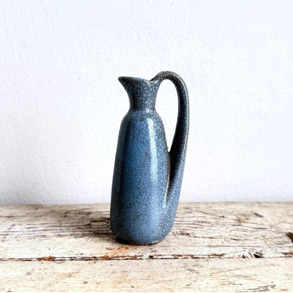 Vintage Blue Crackle Glaze Ceramic Pitcher Mini Bud Vase 5.25" CSGE